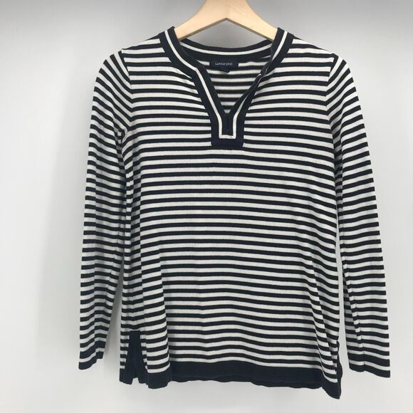 Lands End Pullover Womens XS Black White Stripe Notch V Neck 3/4 Sleeve Cotton - Picture 1 of 9